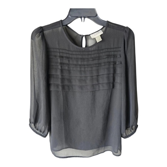 Loft Ann Taylor Sheer Blouse XS Black 3/4 Sleeves See Thru Pleated Front Y2k - Picture 1 of 11